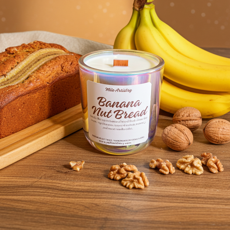 Banana Nut Bread candle with a loaf of bread, bananas, and walnuts on a wooden surface.