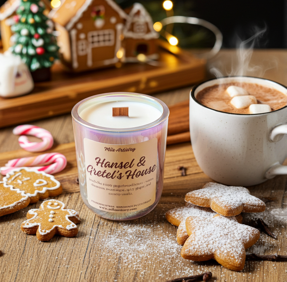 Candle labeled 'Hansel & Gretel's House' next to a cup of hot chocolate with marshmallows and gingerbread cookies on a wooden surface.