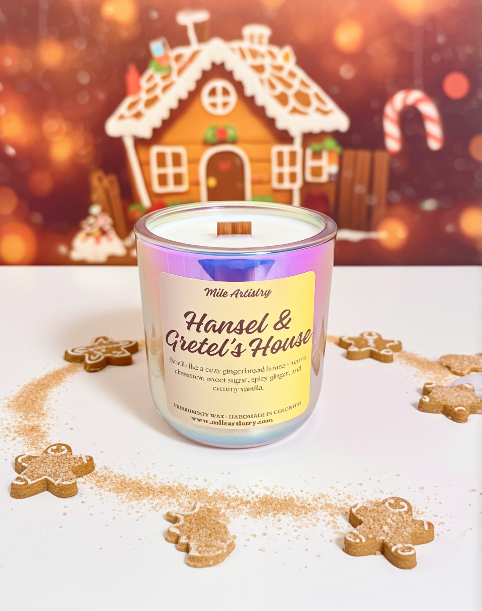 Candle labeled 'Hansel & Gretel's House' with gingerbread men and a gingerbread house in the background