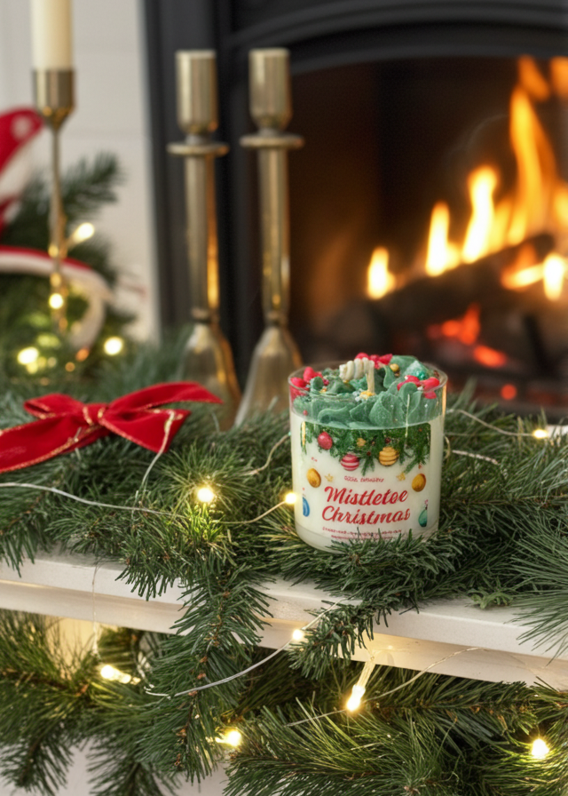 Decorative Christmas arrangement with a candle and garland in front of a fireplace.