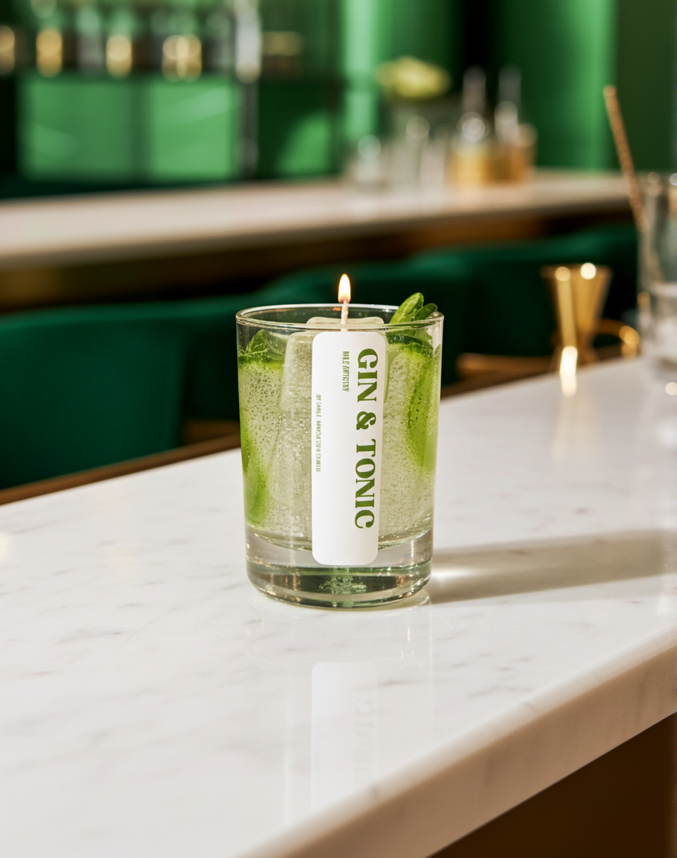 Gin & Tonic candle in a glass with a label on a marble surface.