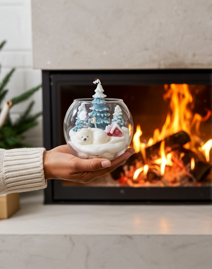 Hand holding a snow globe with Christmas scene in front of a fireplace.