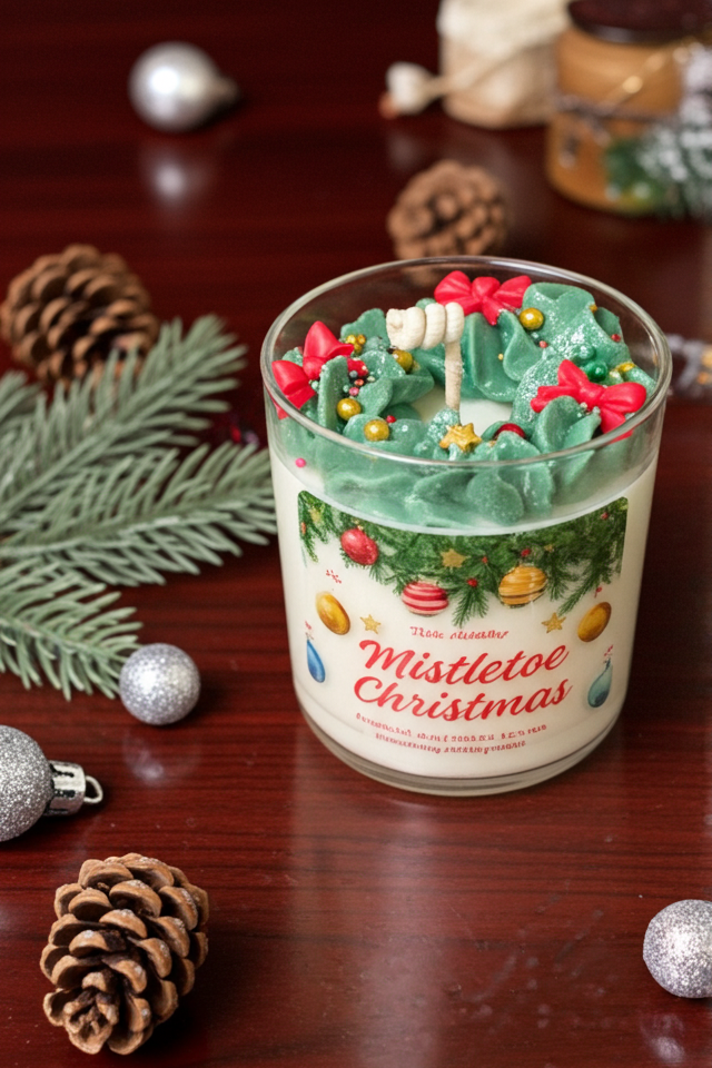 Christmas-themed candle with decorative elements on a wooden surface.