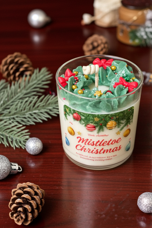 Christmas-themed candle with decorative elements on a wooden surface.