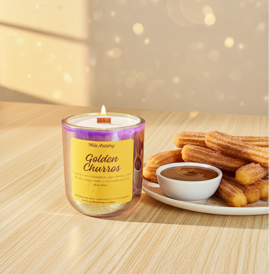 Candle labeled 'Golden Churros' next to a plate of churros with chocolate dipping sauce on a wooden surface.