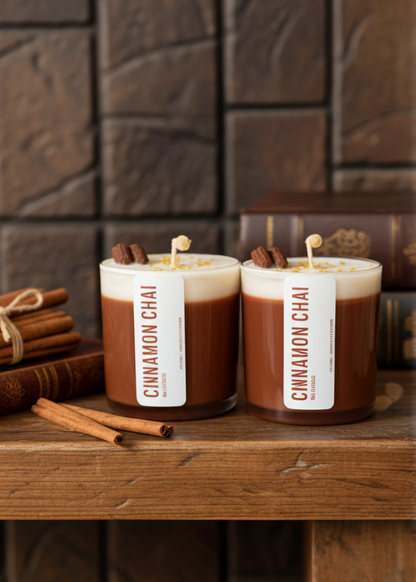 Two cinnamon chai candles on a wooden surface with a rustic background.