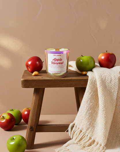 Candle labeled 'Apple Harvest' on a wooden stool with apples around