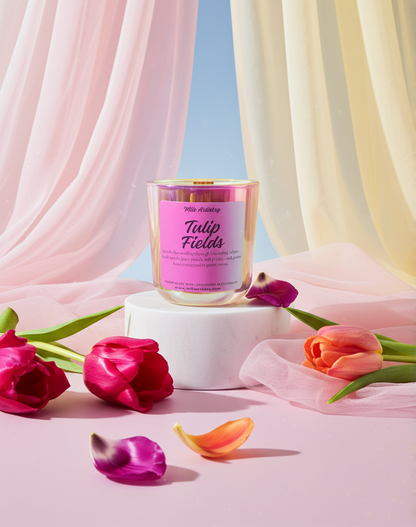 Candle labeled 'Tulip Fields' with pink and yellow curtains and tulips in the background
