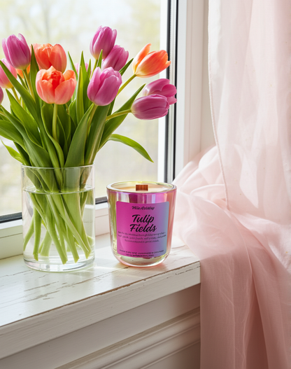 Candle labeled 'Tulip Fields' next to a vase of tulips on a windowsill.