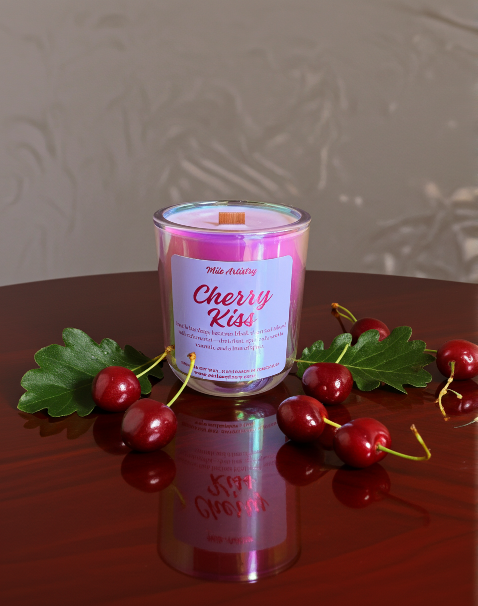 Candle labeled 'Cherry Kiss' with cherries on a reflective surface