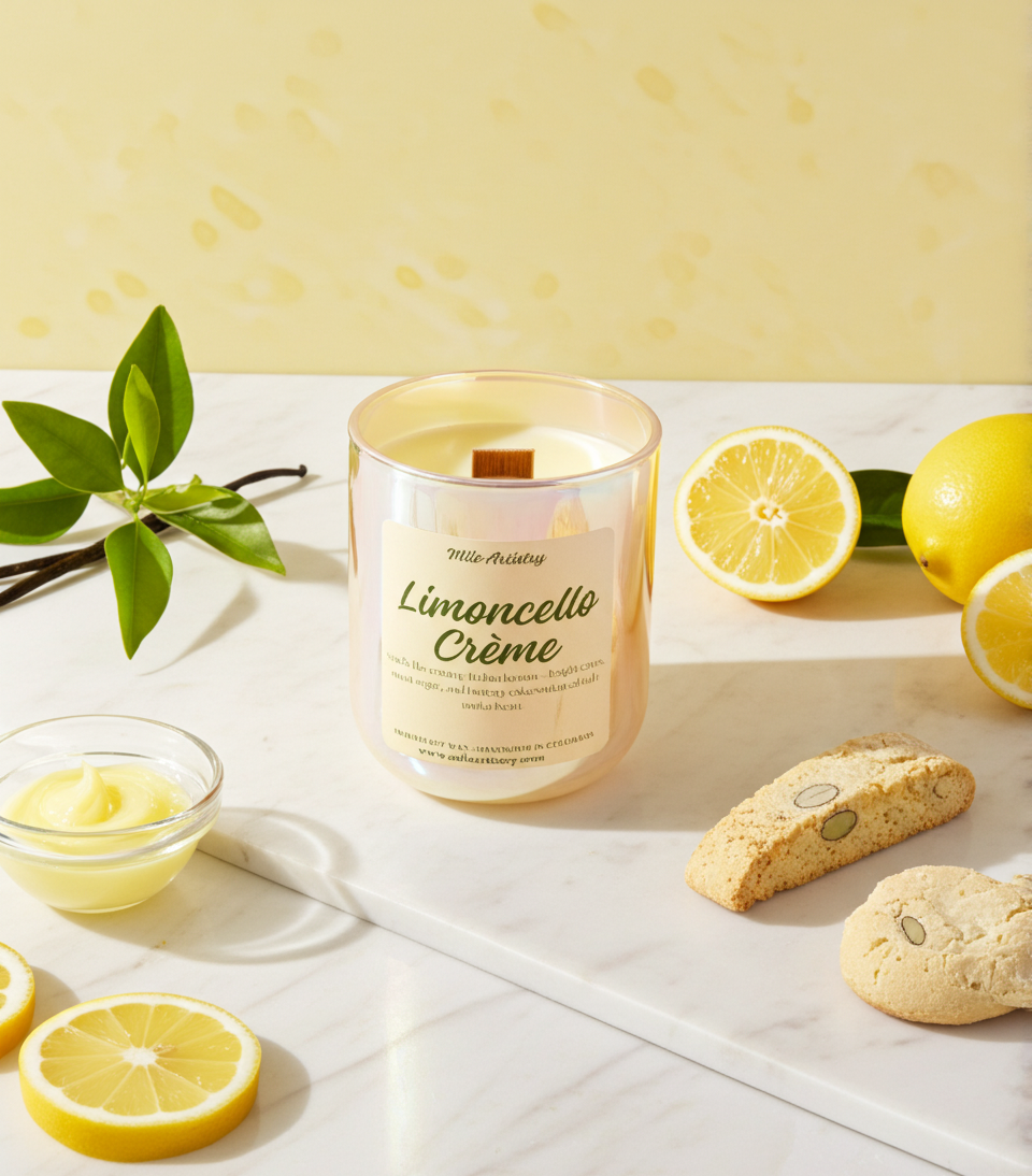 Candle labeled 'Limoncello Cèreme' with lemons and cookies on a marble surface