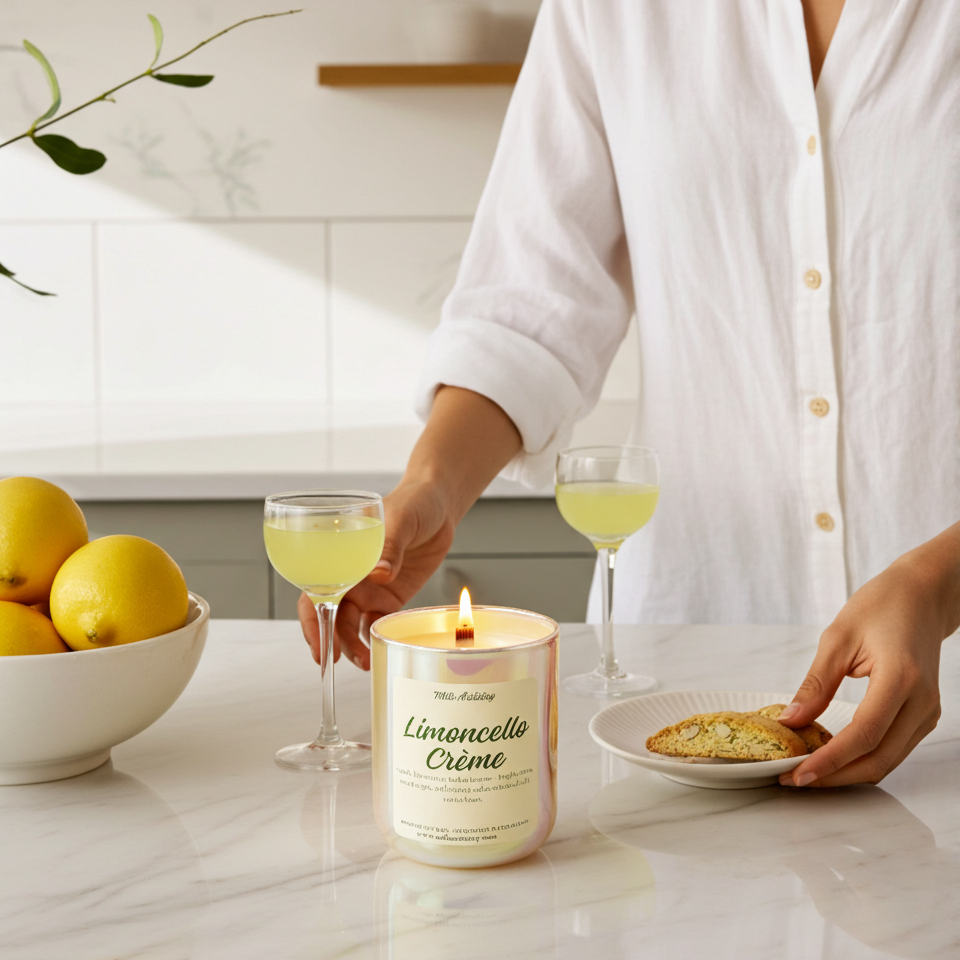 Person in a kitchen setting with a Limoncello Cèreme candle, glasses of limoncello, and a plate of cookies.