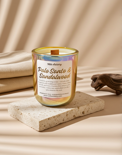 Candle labeled 'Palo Santo & Sandalwood' on a beige surface with a wooden object and fabric in the background.