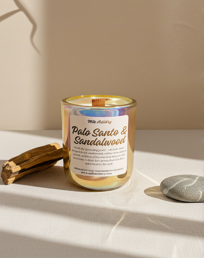 Candle labeled 'Palo Santo & Sandalwood' on a neutral background