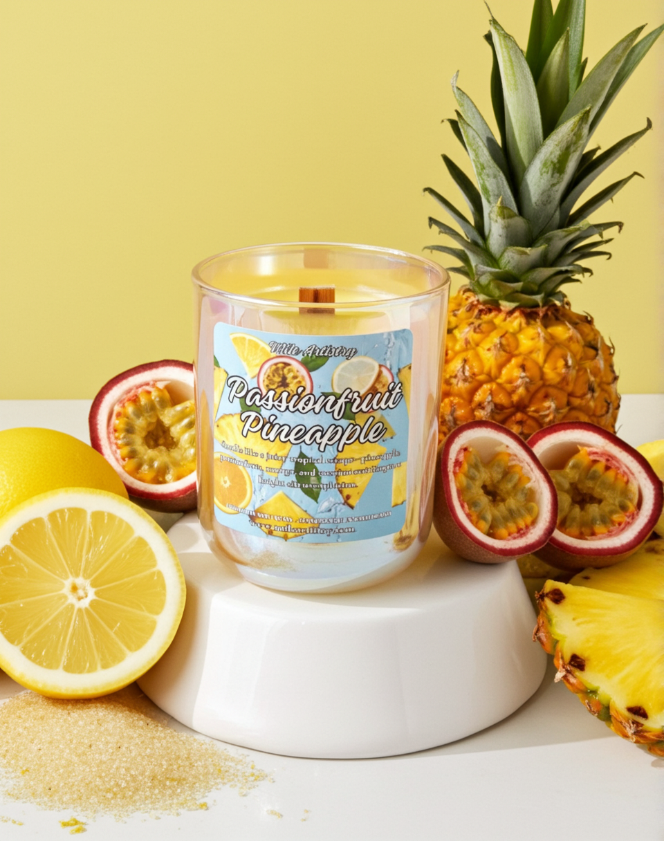 Candle with a pineapple label surrounded by pineapple, lemon, and passion fruit on a yellow background