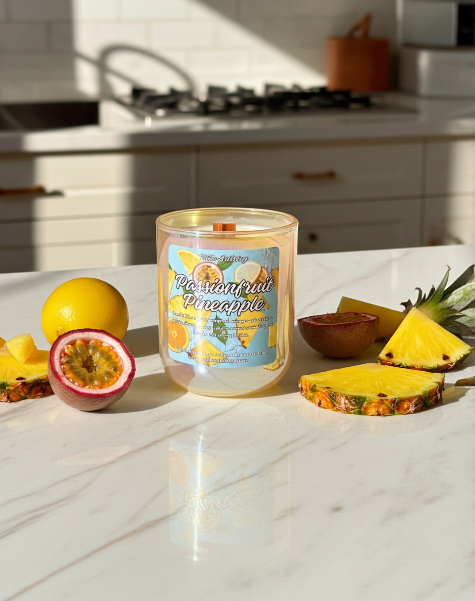 Candle labeled 'Passionfruit Pineapple' on a kitchen counter with fruit slices.