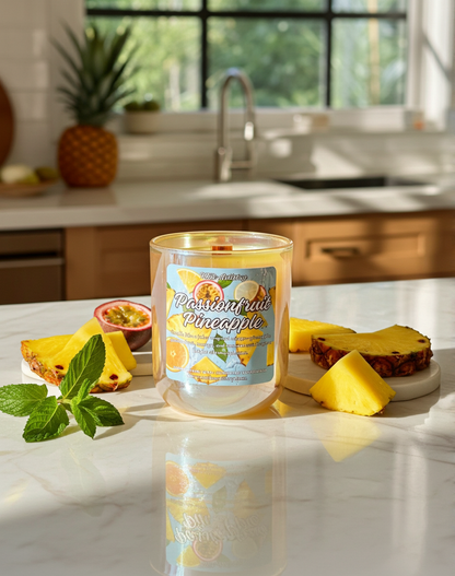 Candle labeled 'Passionfruit Pineapple' on a kitchen counter with pineapple slices and a plant.