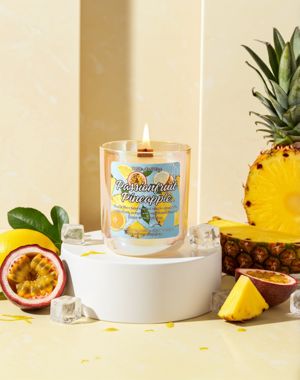 Candle labeled 'Passionfruit Pineapple' with a pineapple and fruit around on a light background