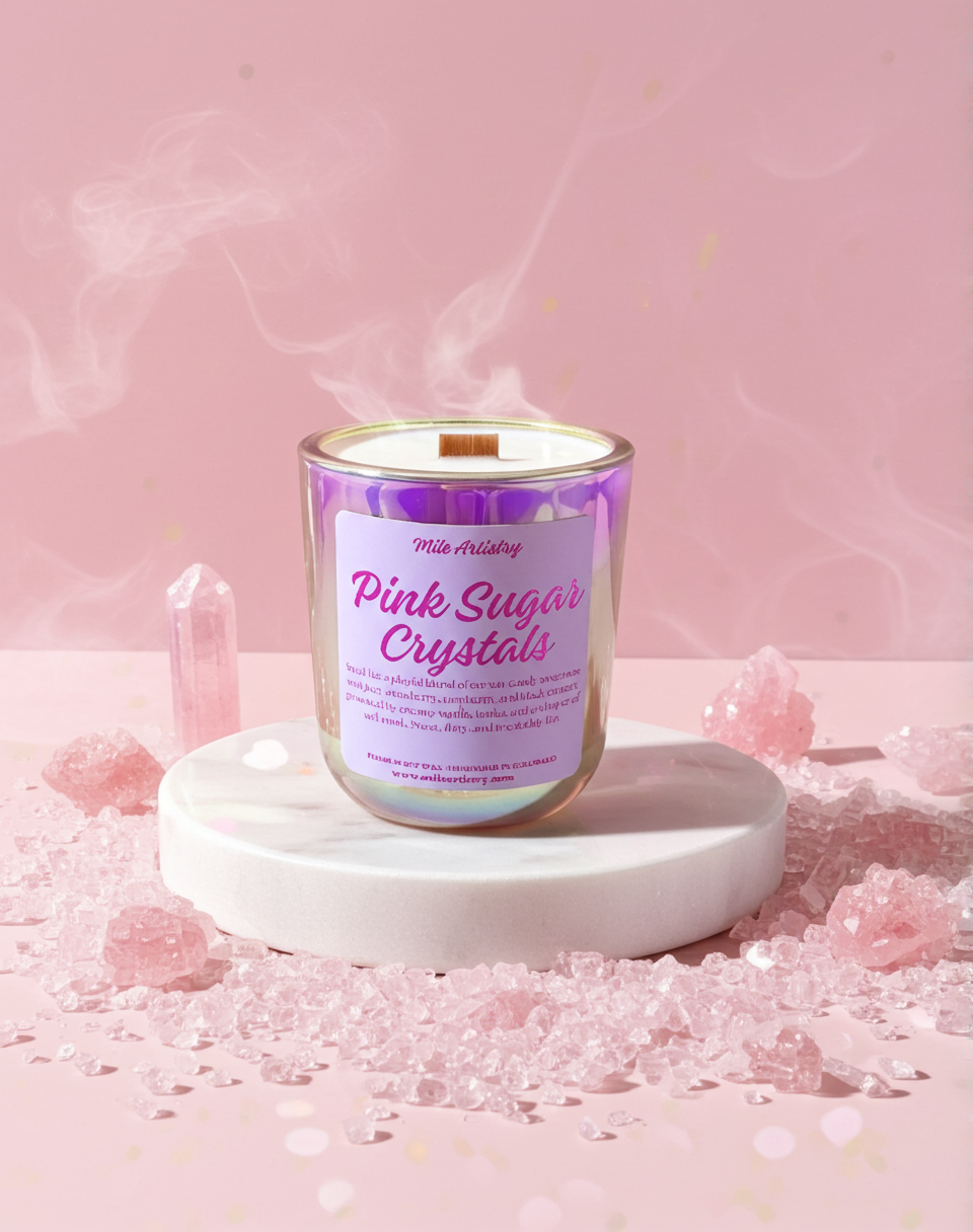 Candle labeled 'Pink Sugar Crystals' on a pink background with decorative elements.