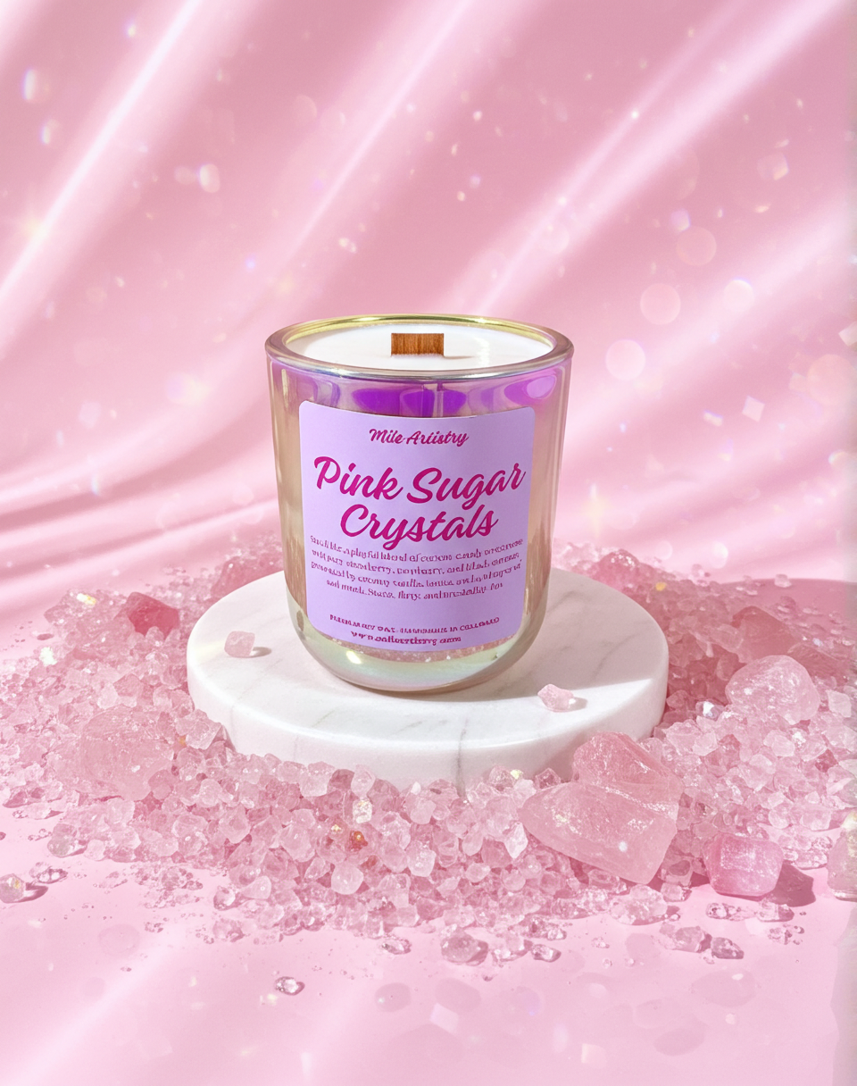Candle labeled 'Pink Sugar Crystals' on a pink background with pink crystals around