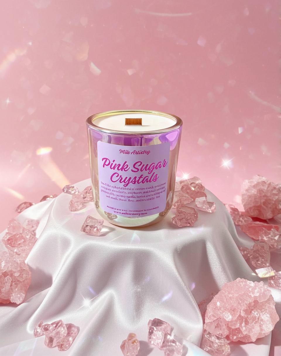 Candle labeled 'Pink Sugar Crystals' on a pink background with decorative crystals.
