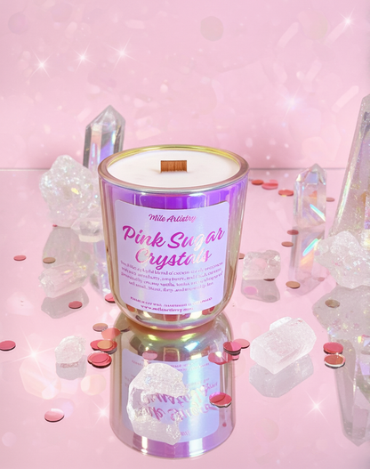 Candle labeled 'Pink Sugar Crystals' with crystals and pink background