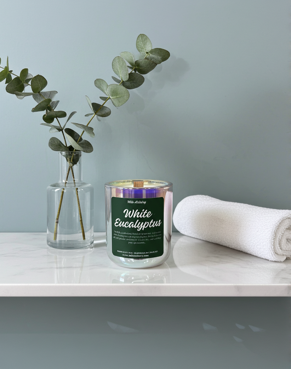 Candle labeled 'White Eucalyptus' on a surface with a vase of eucalyptus and a towel.