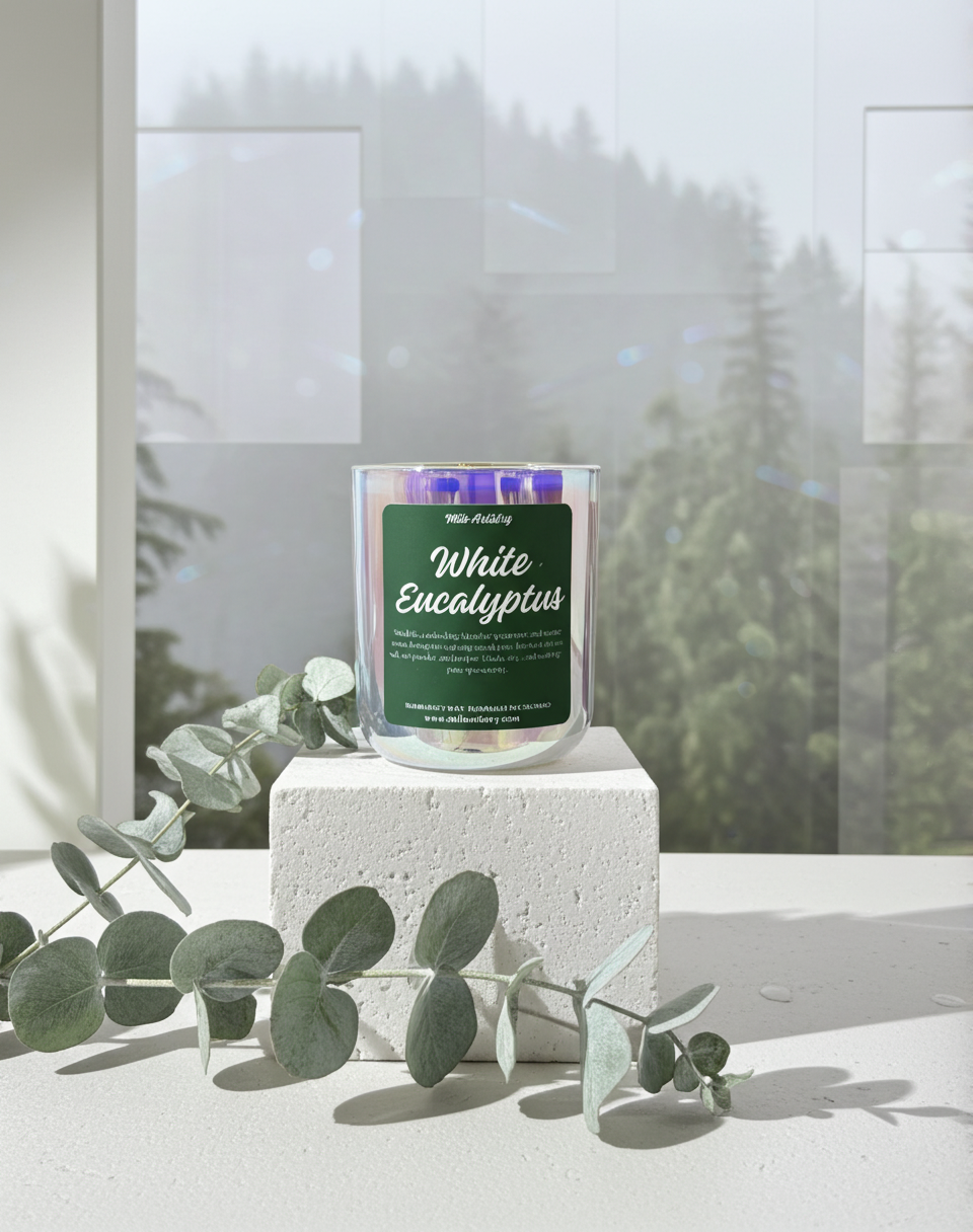 Candle labeled 'White Eucalyptus' on a white pedestal with eucalyptus leaves and a blurred outdoor background