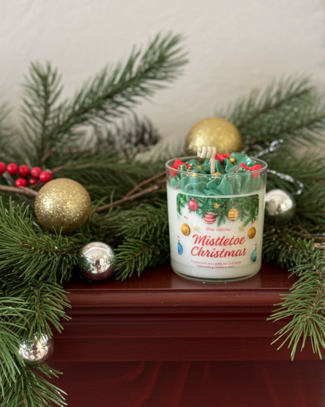 Decorative candle with Christmas design on a mantelpiece with festive decorations.