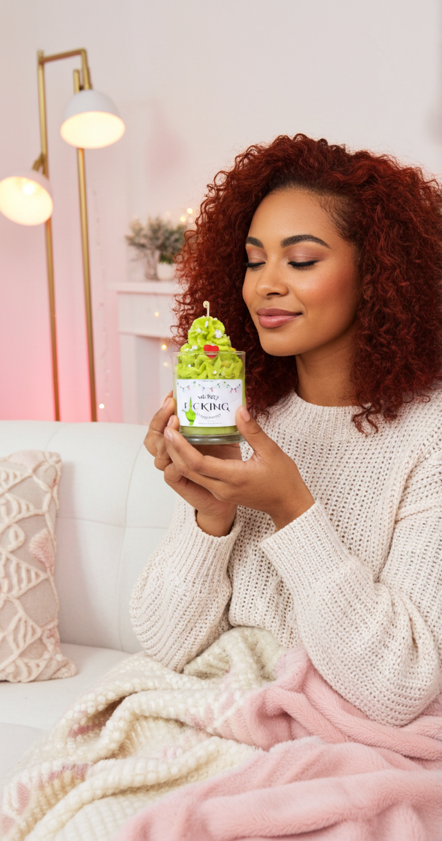 Woman holding a green cup with a straw, sitting on a couch in a cozy living room.