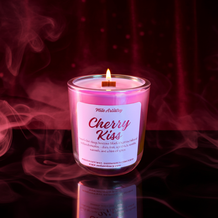 Candle labeled 'Cherry Kiss' with pink smoke effect on a dark background