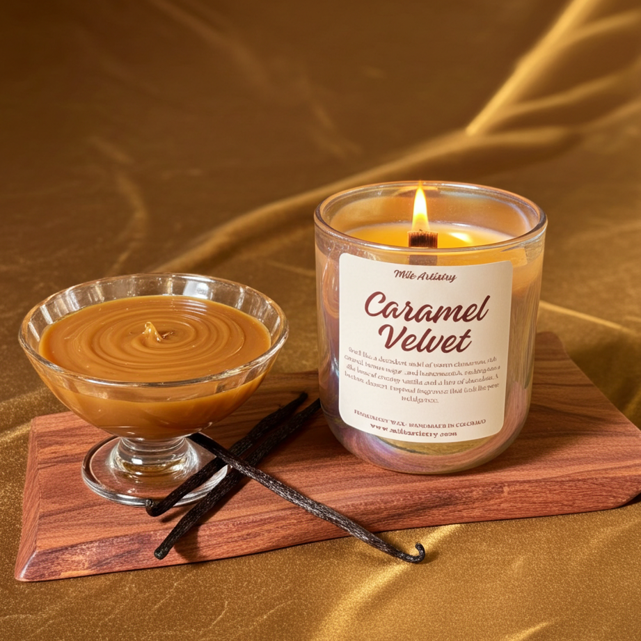Candle labeled 'Caramel Velvet' with a bowl of caramel and vanilla beans on a wooden board.