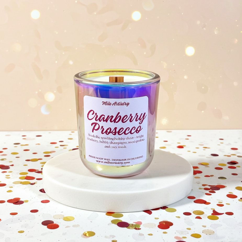 Candle labeled 'Cranberry Prosecco' on a decorative surface with confetti