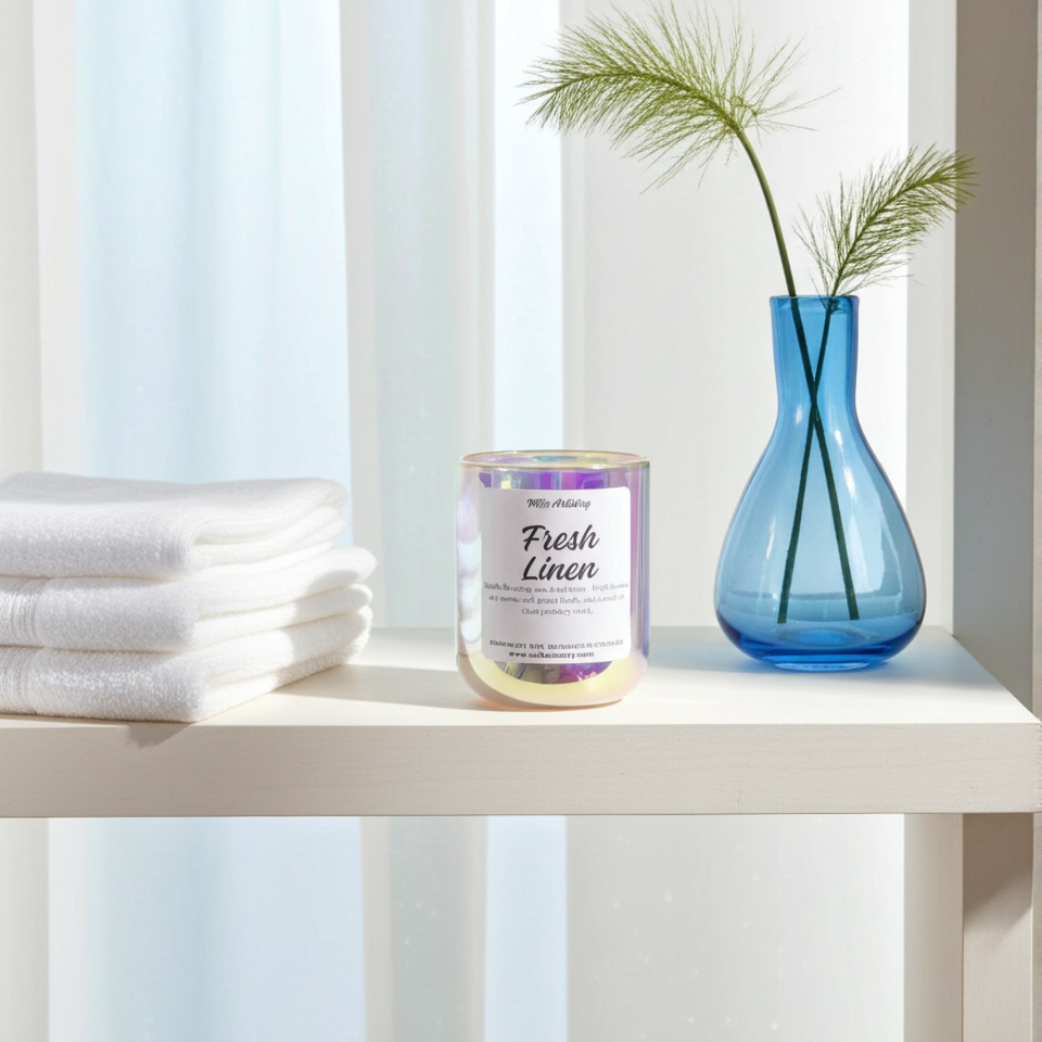 Candle labeled 'Fresh Linen' on a shelf with a blue vase and plant