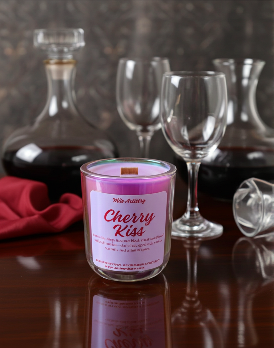 Candle labeled 'Cherry Kiss' on a table with wine glasses and decanters in the background.