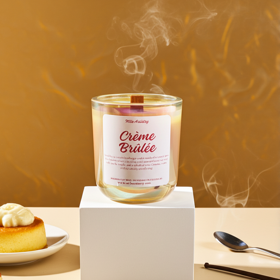 Candle labeled 'Cèreme Brélé' with a cake and spoon in the background