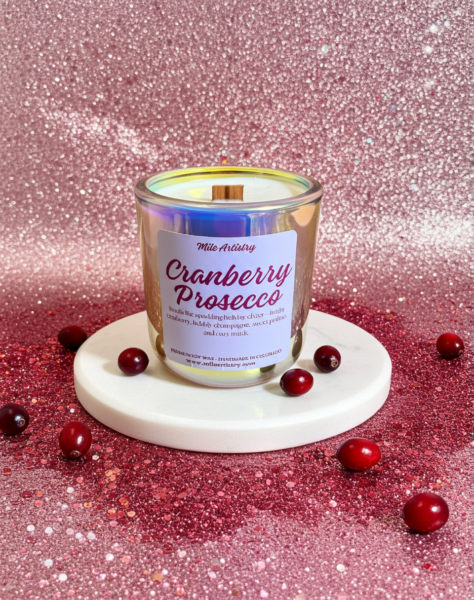 Candle labeled 'Cranberry Prosecco' on a pink glittery background with cranberries around.