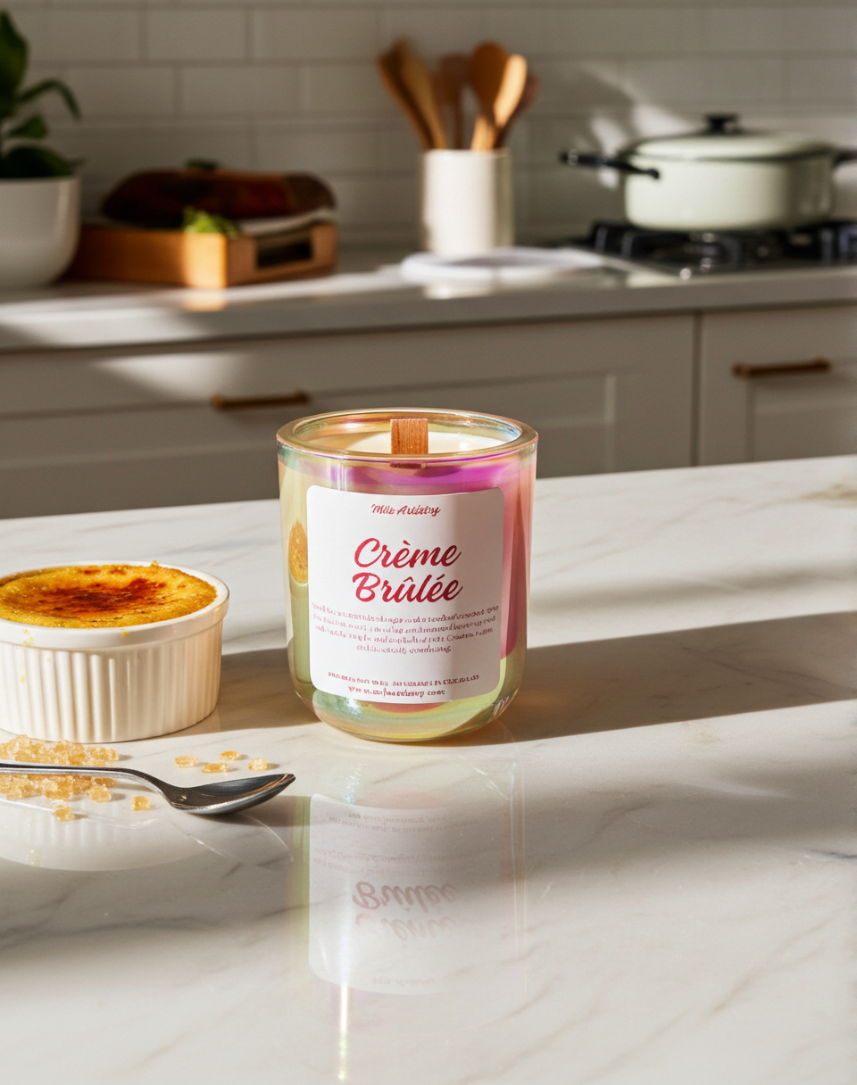 Candle labeled 'Crème Brélé' on a kitchen counter with a plate of crème brélé and utensils in the background.