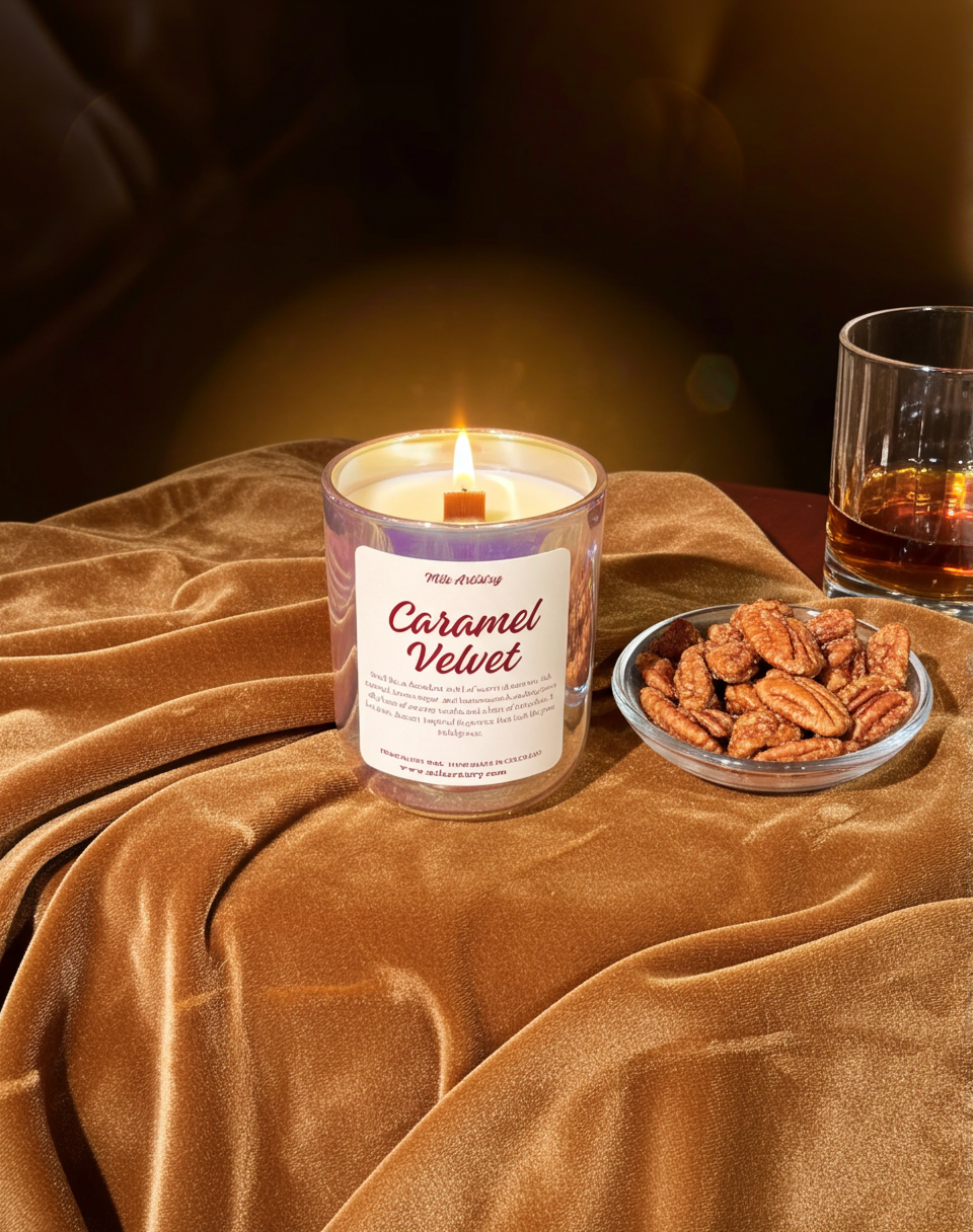 Candle labeled 'Caramel Velvet' with a glass of whiskey and a bowl of pecans on a brown surface.