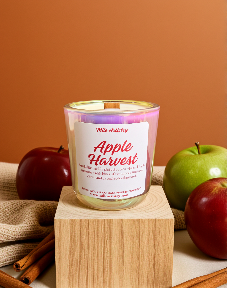 Candle labeled 'Apple Harvest' with apples and cinnamon sticks on a wooden block against an orange background
