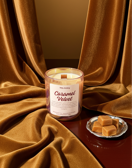 Candle labeled 'Caramel Velvet' on a surface with draped brown fabric in the background