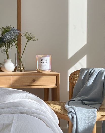 Candle on a wooden side table with a chair draped with a blanket in a softly lit room.