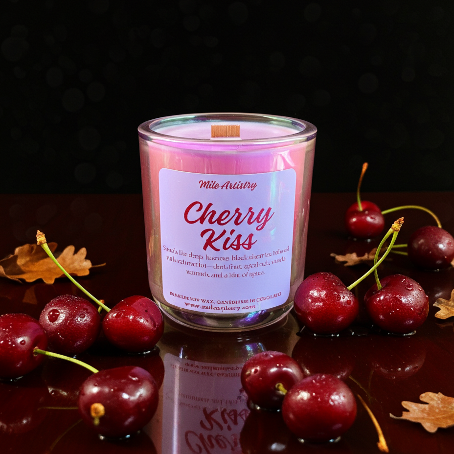 Candle labeled 'Cherry Kiss' surrounded by cherries on a reflective surface.