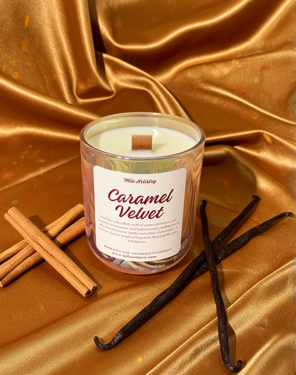 Candle labeled 'Caramel Velvet' with cinnamon sticks and vanilla beans on a satin background