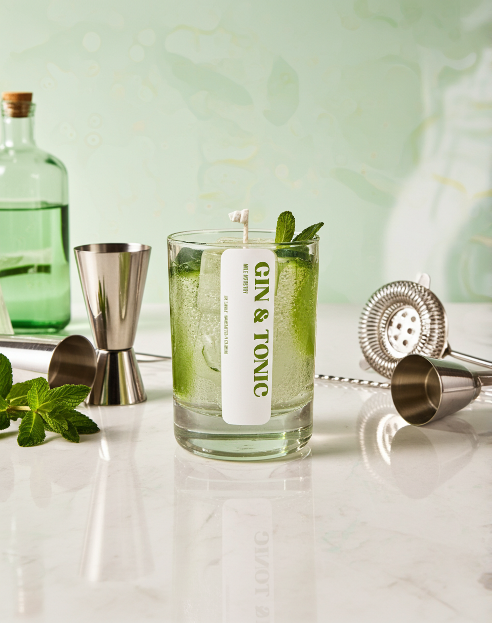 Gin & Tonic candle with cocktail-making tools on a marble surface