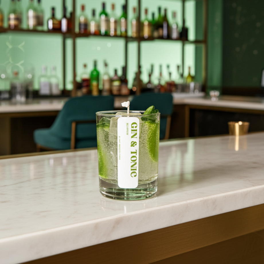 Glass of Gin & Tonic with a label on a bar counter, with a bar shelf in the background.