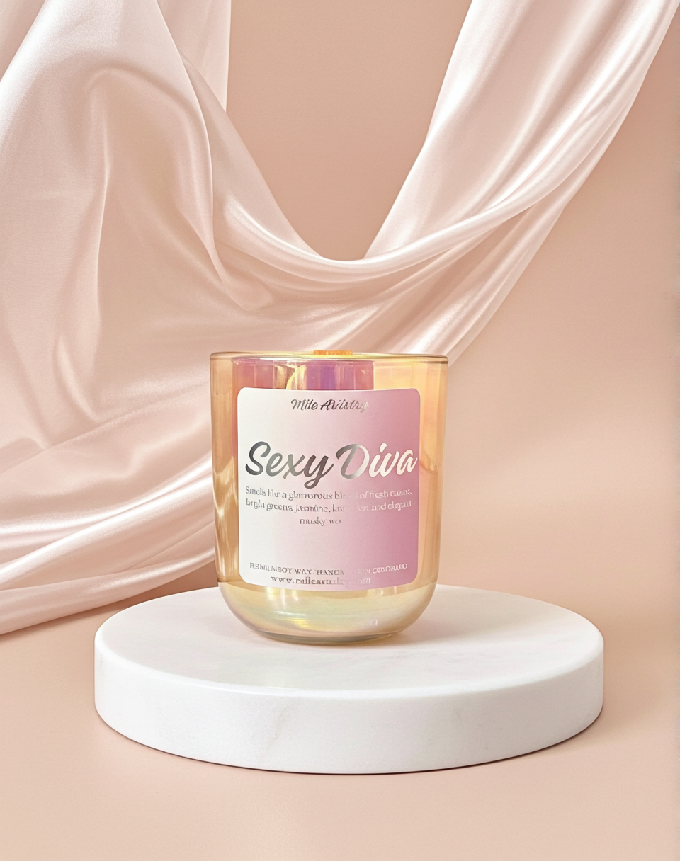 Candle labeled 'Sexy Diva' on a white platform with pink fabric in the background