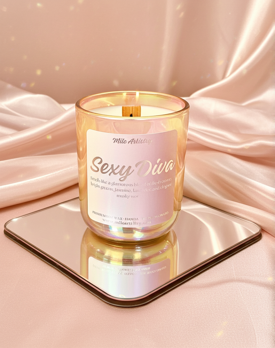 Candle labeled 'Sexy Diva' on a reflective surface with pink fabric background