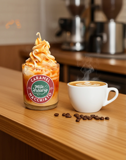 Caramel Macchiato drink with whipped cream and a steaming cup of coffee on a wooden surface.
