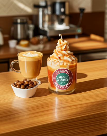 Caramel macchiato drink with whipped cream and coffee beans on a wooden table.